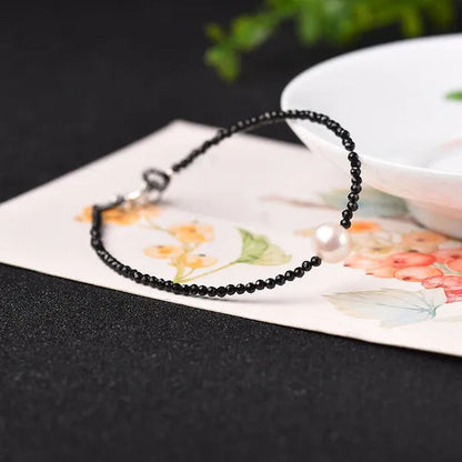 Natural Black Spinel 2mm&Freshwater Pearl 8mm S925 Silver Women Bracelet Gift