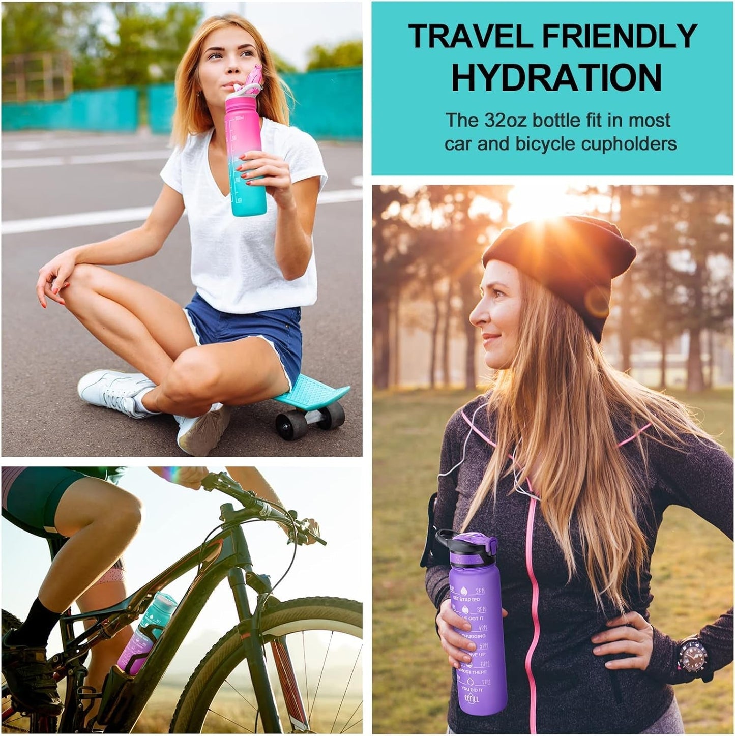 32Oz Leakproof Motivational Sports Water Bottle with Straw & Time Marker, Flip Top Durable BPA Free Non-Toxic Frosted Bottle Perfect for Office, School, Gym and Workout