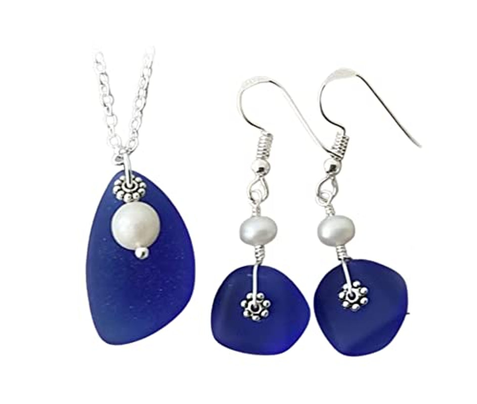 September Birthstone, Cobalt Blue Sea Glass Necklace+Earrings Set, Natural Pearl, Sea Glass Earrings, (Hawaii Gift Wrapped, Customizable Gift Message) - WORLD TIME VISITS