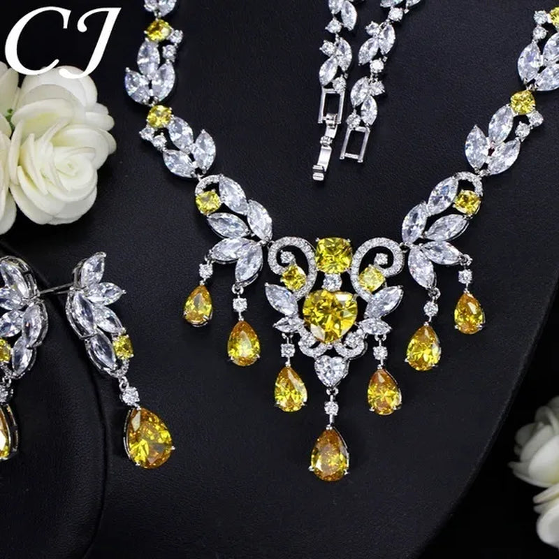 CANDICE Luxury CZ Stone Bridal Jewelry Pave High Quality Yellow Crystal Water Drop Earrings Necklace Wedding Party Set for Brides