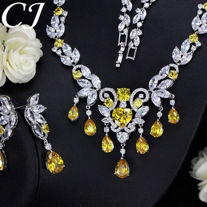 CANDICE Luxury CZ Stone Bridal Jewelry Pave High Quality Yellow Crystal Water Drop Earrings Necklace Wedding Party Set for Brides