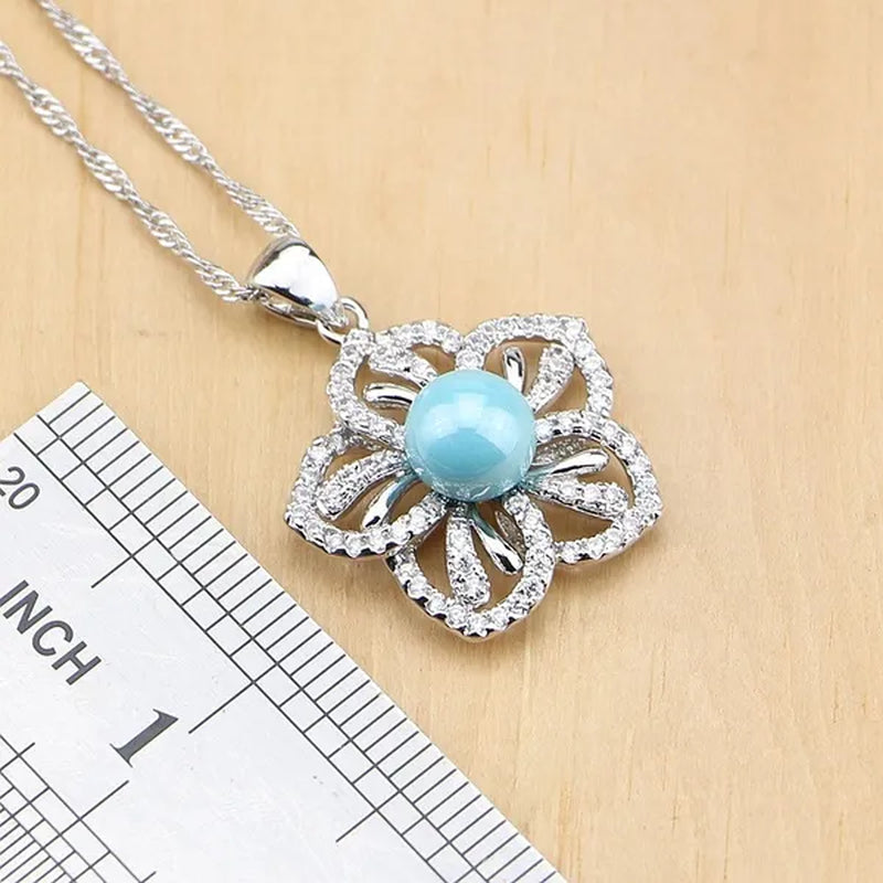 Flower 925 Silver Jewelry Set Blue Pearl With Beads Pendant Drop Earrings Rings Necklace  For Women - WORLD TIME VISITS