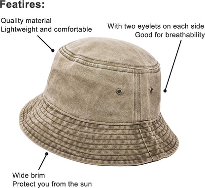 Bucket Hat, Wide Brim Washed Denim Cotton Outdoor Sun Hat Flat Top Cap for Fishing Hiking Beach Sports