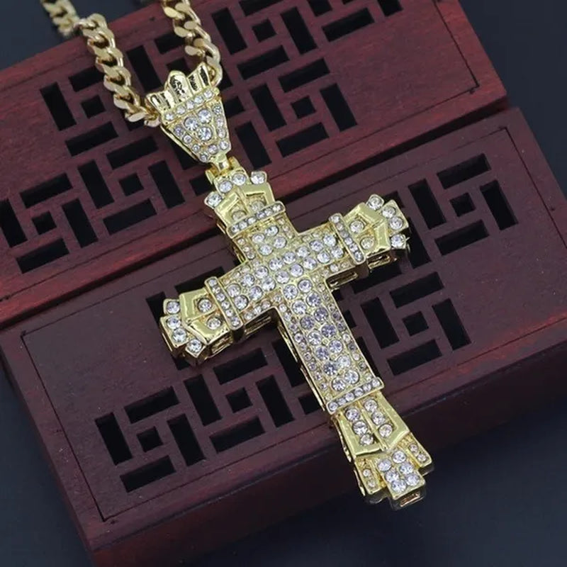Fashion 24K Gold 925 Silver Cross Diamond Pendant Men's Punk Jewelry Rhinestone Religious Pendant Necklace