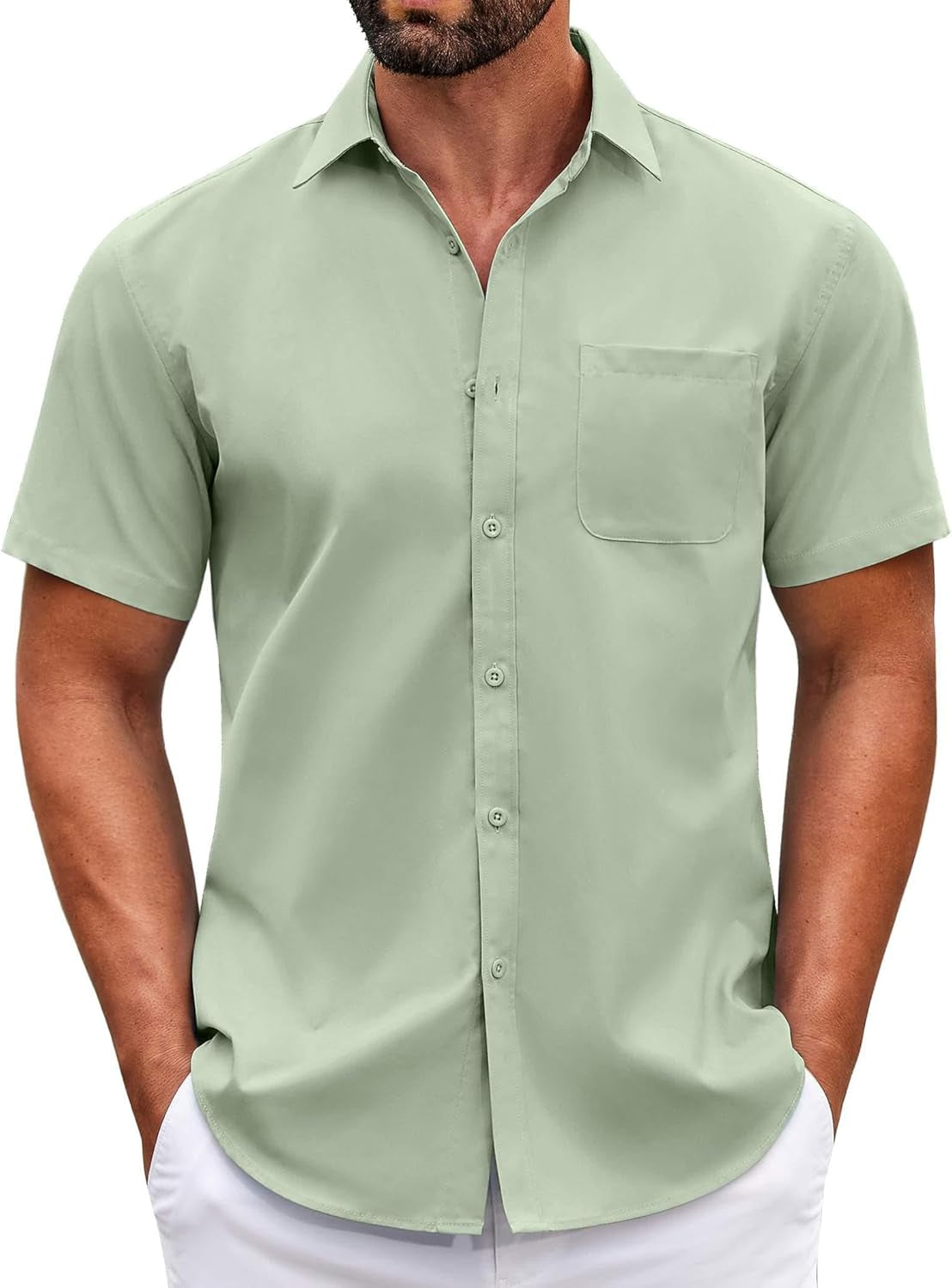 Mens Short Sleeve Casual Button down Shirts Summer Untucked Dress Shirts with Pocket