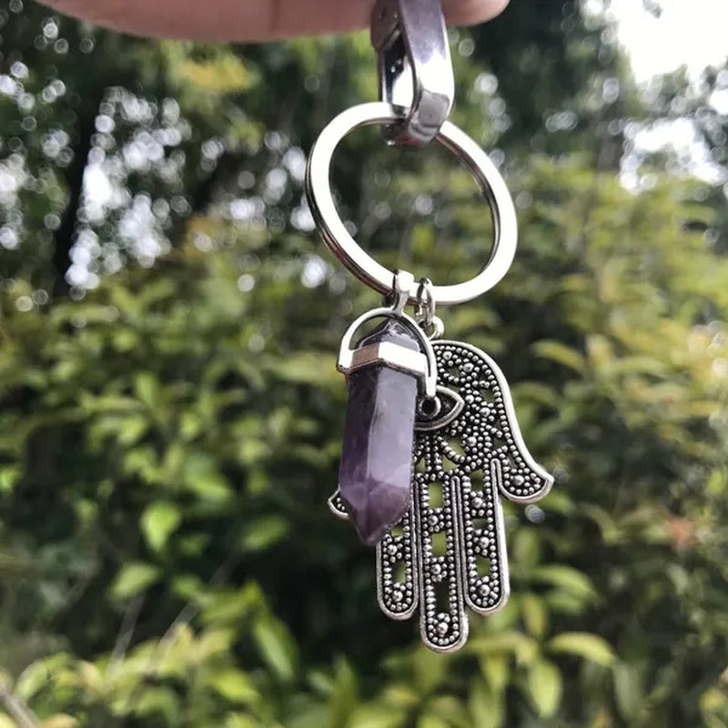1Pcs Natural Quartz Crystal Point Chakra Healing Stone Gem Stone Pendant Keyring Key Chain Ring Family Gifts