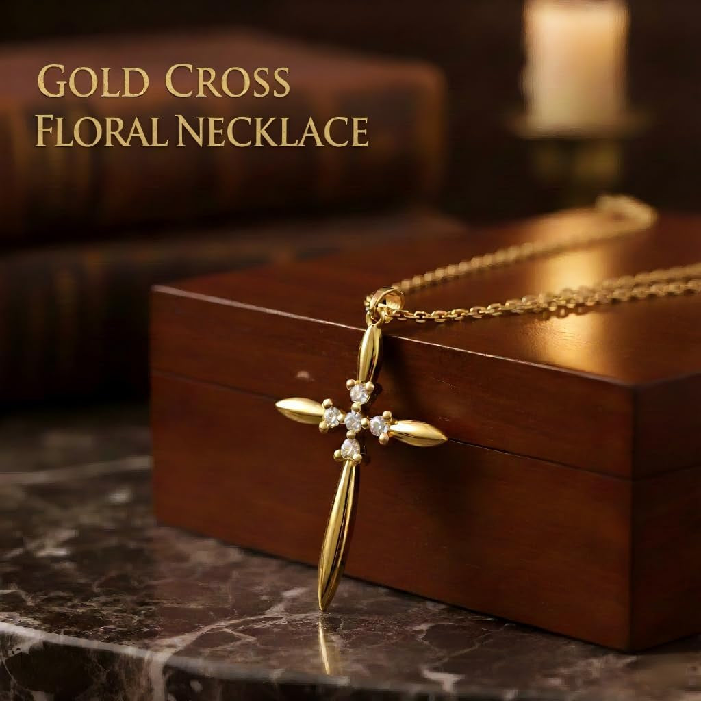 Gold Cross Necklace for Women Dainty 14K Gold Cross Floral Pendant Elegant Christian Religious Jewelry Gift for Mom Wife Daughter