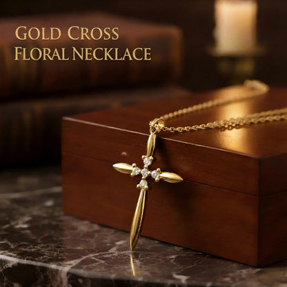 Gold Cross Necklace for Women Dainty 14K Gold Cross Floral Pendant Elegant Christian Religious Jewelry Gift for Mom Wife Daughter