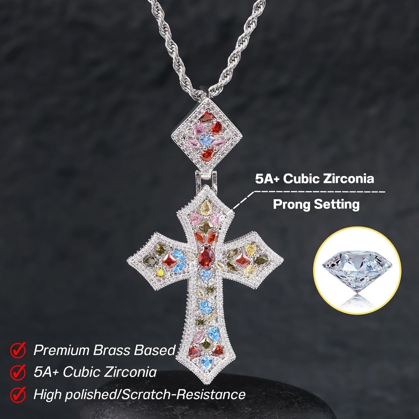Iced Out Colorful Rhomboic Cross Pendant Necklace, Trendy White Gold Hip Hop Cubic Zirconia Oval Diamond Cross Pendant Faith Jesus Necklace Gift