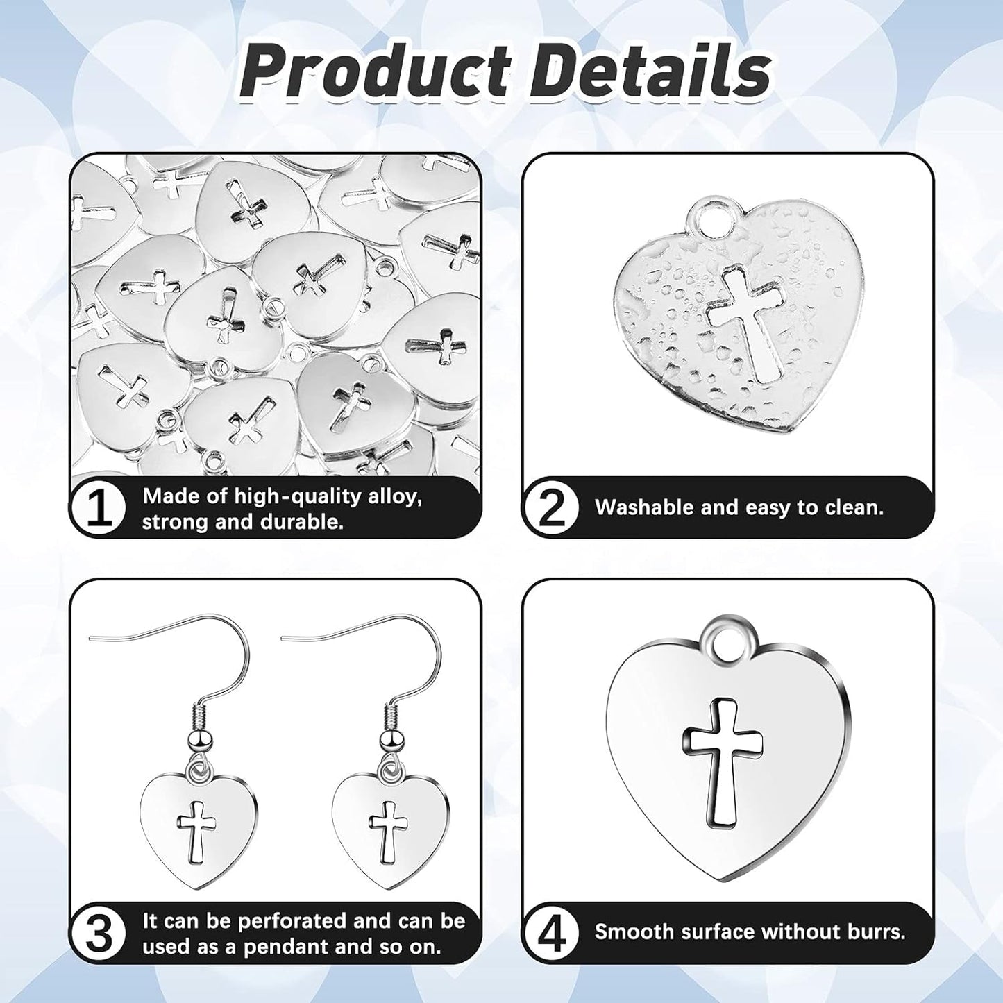 100 Pieces Silver Religious Charms Cross Charms Alloy Metal Heart Cross Pendants Heart Cross Charms for Religious Gatherings Party Supplies DIY Craft Bracelet Necklace Earrings Keychain Jewelry Making