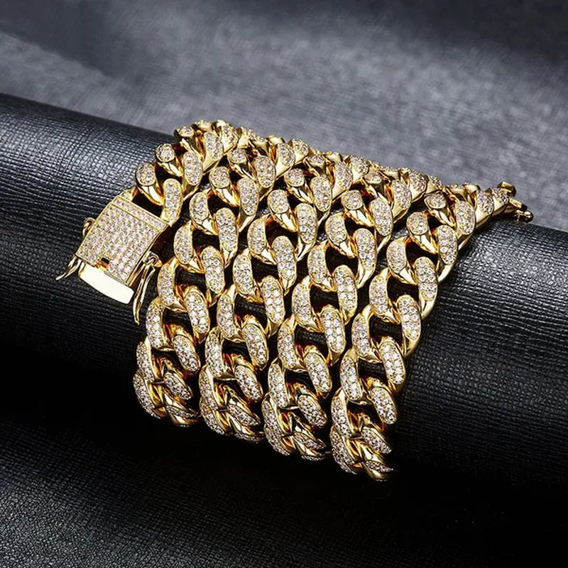 Gold/Silver Stainless Steel Hip Hop Jewelry Iced Out Rhinestone Thick Miami Cuban Link Chain Necklace Bracelet 7-28 Inch