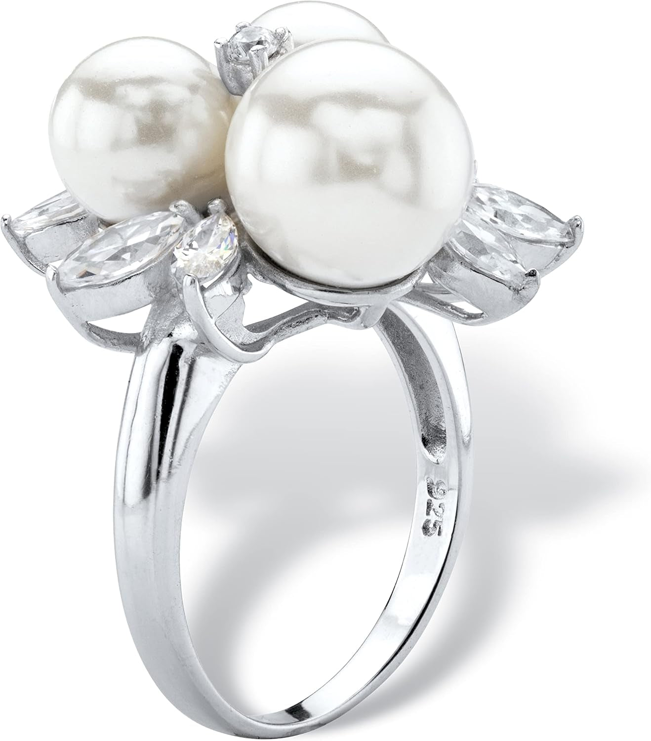 Platinum over Sterling Silver round Simulated Pearl and Cubic Zirconia Ring