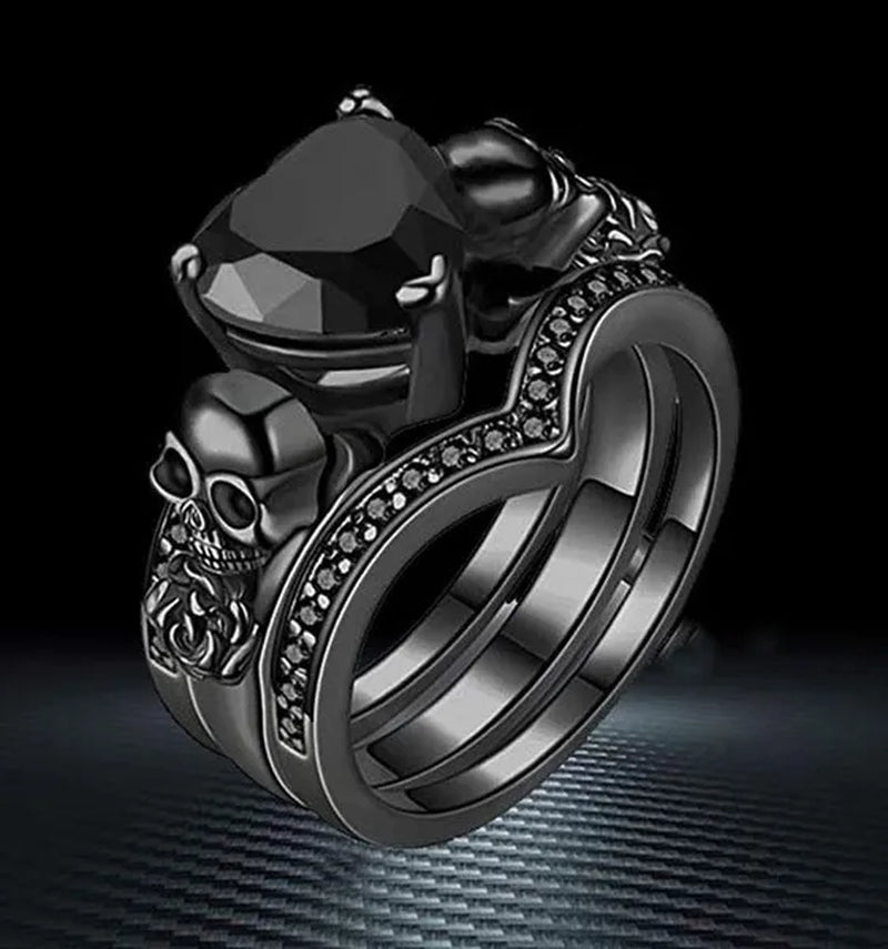 Gothic Skull Black Rings Set Women Rose Flower Red Purple Heart Love Zircon Crystal Christmas Anniversary Engagement Gift - WORLD TIME VISITS