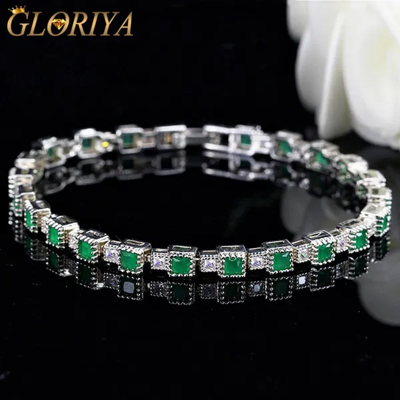 Gloriya Fashion Silver Color Elegant Charm Bangle Jewelry for Prom Women Simple Trendy Green CZ Crystal Square Tennis Bracelets