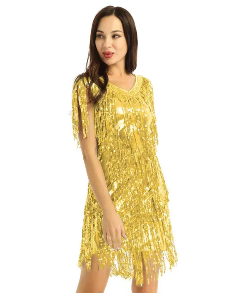 Womens V Neck Sleeveless Sparkling Sequin Tassels Ballroom Samba Tango Latin Dance Dress Stage Performance Costumes