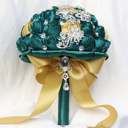 21CM Silver Rhinestone Bridal Hand Flowers Ribbon Wedding Hand Bouquet Mixed Color Silk Rose Diamond Brooch Bridesmaid Bouquet Wedding Supplies
