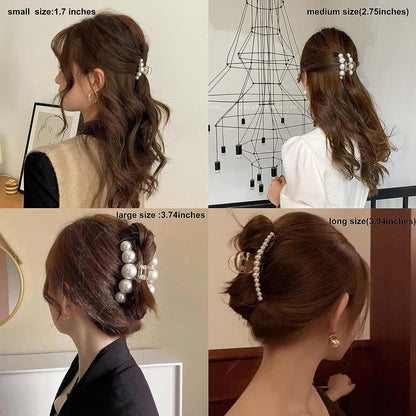 Pearl Hair Clips for Women Girl,4Pcs Large Small Hair Claw Clip Strong Hold,Big Banana Jaw Clip Barrettes Nonslip,Hair Accessories Set Birthday Wedding Gift for Thick Thin Curly Hair(4 Size)