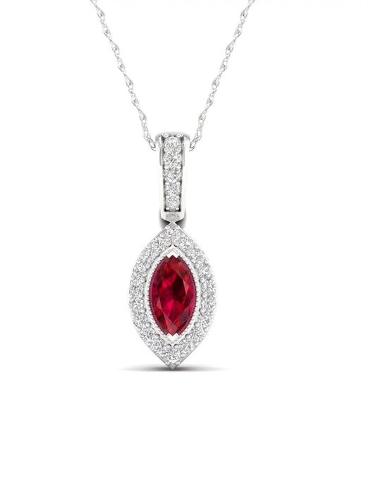 Gemstone 10K White Gold Marquise Cut Ruby 1/20 CT TW Diamond Halo Pendant Necklace
