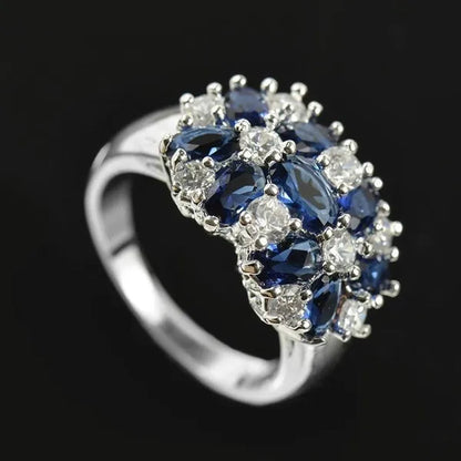 Fashion Women Blue Sapphire Flower Rings Crystal Zircon Gemstone Rings Size 6-10