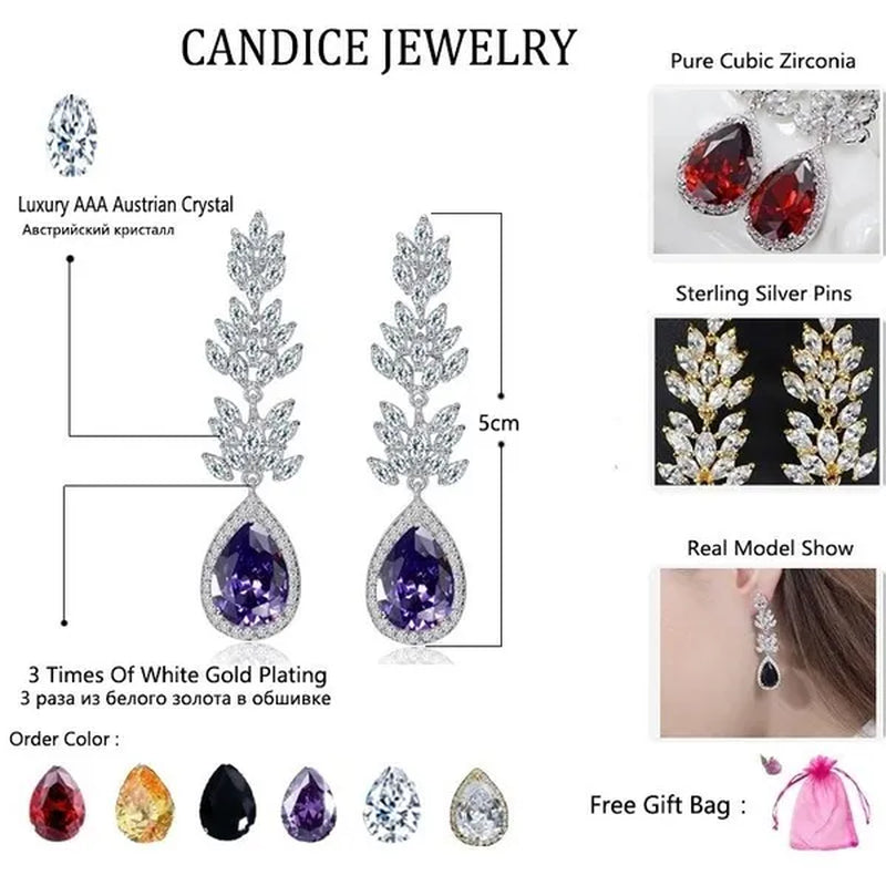 CANDICE Top Quality White Gold Plated Jewelry Romantic Purple Red Crystal Long Tear Drop Earrings For Women Christmas Gift