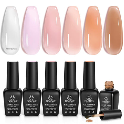 Beetles Jelly Gel Nail Polish Set, 6 Colors Milky White Nude Pink Sheer Brown Gel Polish Kit Nail Concealer Translucent Effect Soak off Uv French Nail Art Gift for Women Ultimate Monochrome Collection