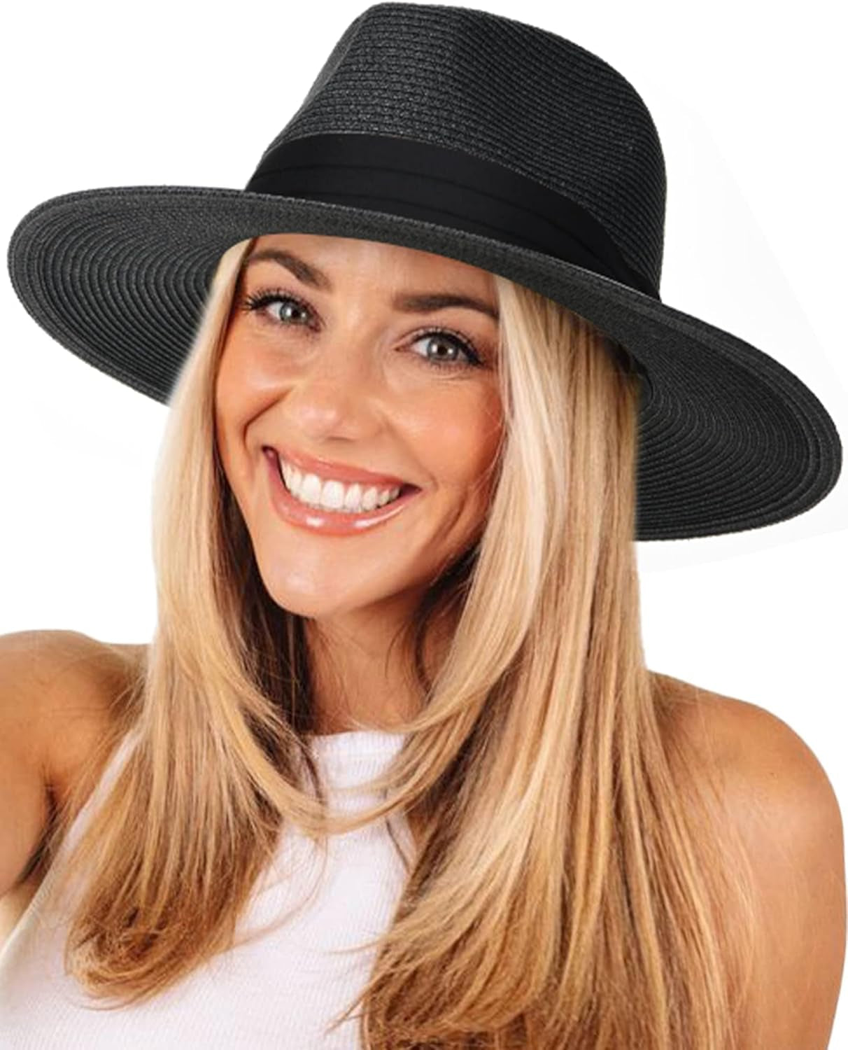 Womens Mens Wide Brim Straw Panama Hat Fedora Summer Beach Sun Hat UPF Straw Hat for Women - WORLD TIME VISITS