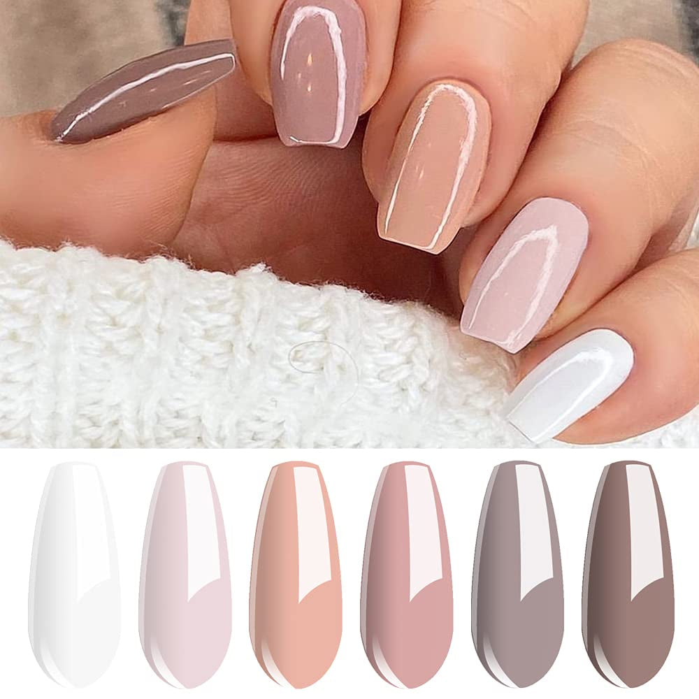 Gel Nail Polish Kit - 6 Colors Classic Nudes Series Natural Skin Tone, Trendy Pigmented Daily Nail Gel Shades Nail Art at All Seasons
