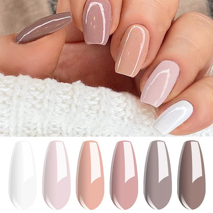 Gel Nail Polish Kit - 6 Colors Classic Nudes Series Natural Skin Tone, Trendy Pigmented Daily Nail Gel Shades Nail Art at All Seasons