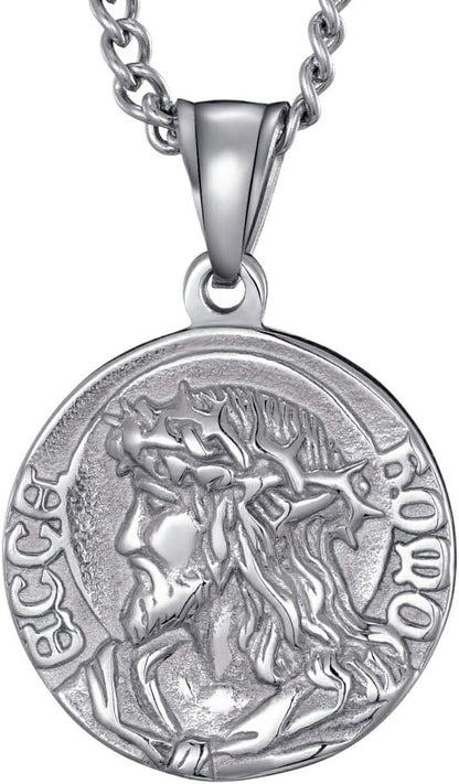 Mens Stainless Steel Crown of Thorns Head of Jesus Christ Pendant Necklace round Medal Prayer Coin Pendant with Link Chain - WORLD TIME VISITS