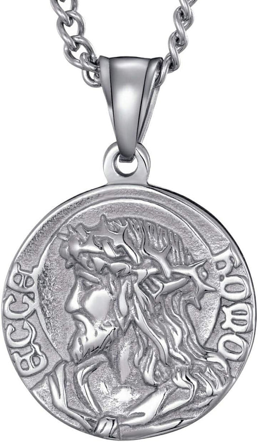 Mens Stainless Steel Crown of Thorns Head of Jesus Christ Pendant Necklace round Medal Prayer Coin Pendant with Link Chain - WORLD TIME VISITS