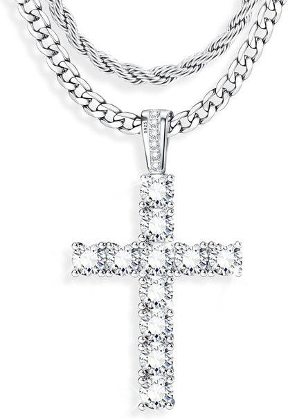 925 Sterling Silver Cross Necklace Men - CZ Cross Pendant Layered Necklaces Waterproof Stainless Steel Cuban Link Rope Chain Silver Necklace Stack Jewelry with Gift Box 16-30 Inches