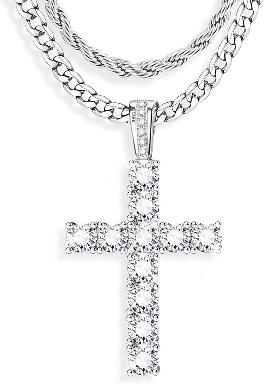 925 Sterling Silver Cross Necklace Men - CZ Cross Pendant Layered Necklaces Waterproof Stainless Steel Cuban Link Rope Chain Silver Necklace Stack Jewelry with Gift Box 16-30 Inches