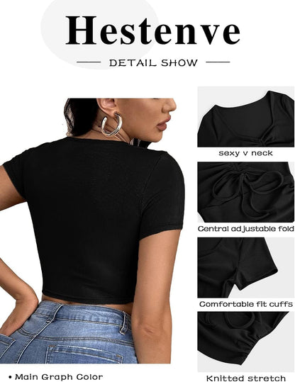 Women'S Summer Sexy Crop Top Ruched Y2K V Neck Slim Short Sleeve Casual Basic Knit T Shirt Workout Tops Black