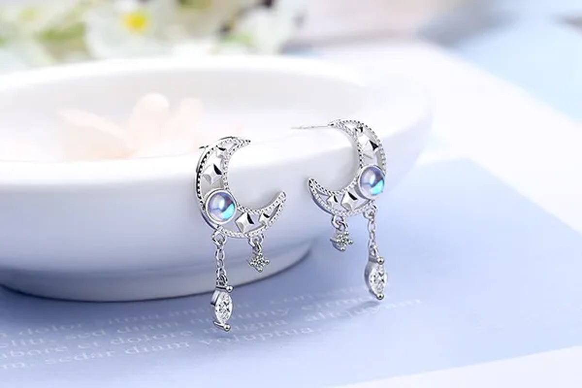 925 Sterling Silver Hollow Moon Zircon Tassel Dangle Earring Elegant Colorful Moonstone Earring for Women Jewelry