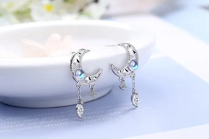 925 Sterling Silver Hollow Moon Zircon Tassel Dangle Earring Elegant Colorful Moonstone Earring for Women Jewelry