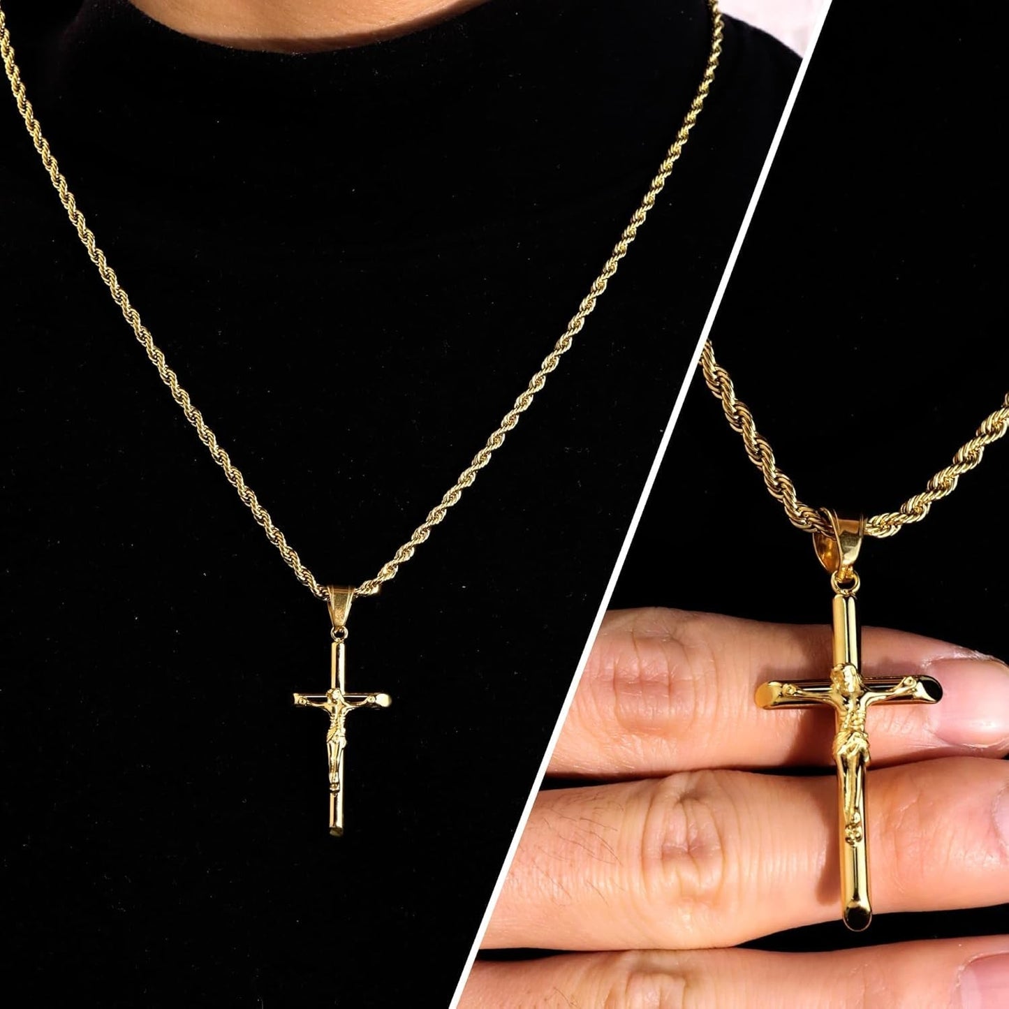 Sterling Silver Plated Cross Necklace for Men Gold Plated Cross Necklaces for Women Trendy Stainless Steel Crucifix Pendant with 3Mm 21Inch Rope Chain - WORLD TIME VISITS