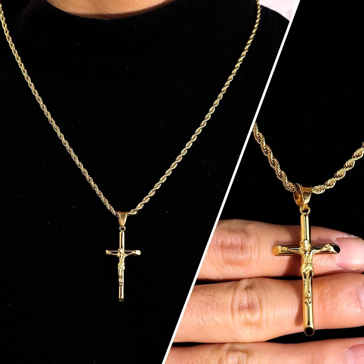 Sterling Silver Plated Cross Necklace for Men Gold Plated Cross Necklaces for Women Trendy Stainless Steel Crucifix Pendant with 3Mm 21Inch Rope Chain - WORLD TIME VISITS