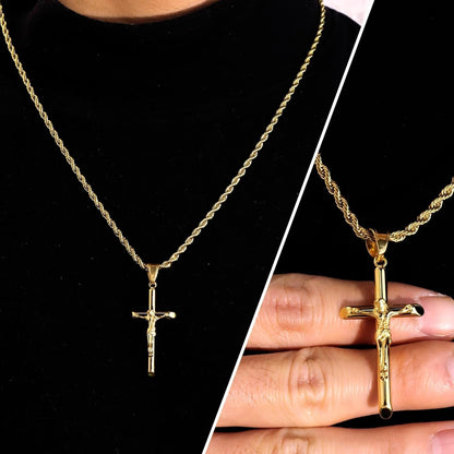 Sterling Silver Plated Cross Necklace for Men Gold Plated Cross Necklaces for Women Trendy Stainless Steel Crucifix Pendant with 3Mm 21Inch Rope Chain - WORLD TIME VISITS