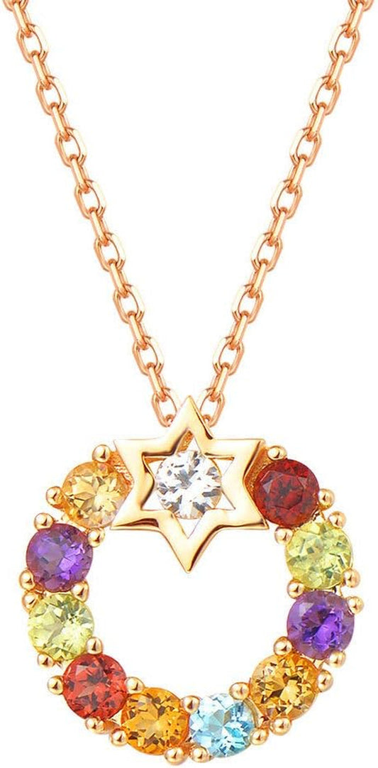 14K Solid Yellow Gold Sapphire Topaz Amethyst Garnet Peridot Citrine Multigemstone round Open Circle Pendant Necklace Gift for Her Mom Women, 16" + 2" Extender - WORLD TIME VISITS
