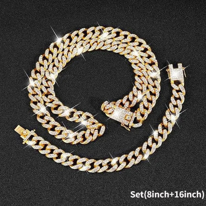 A Set(Bracelet+Necklace) 13MM Width Cuban Link Chain Gold Silver Plated Bling Miami Cuban Necklace Bracelet Diamond Chain for Fashion Men and Women Iced Out Hip Hop Jewelry Set