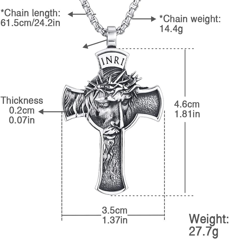 INRI Jesus Christ Necklace, Cross Pendant Necklace with Crown of Thorns Jesus