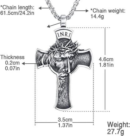 INRI Jesus Christ Necklace, Cross Pendant Necklace with Crown of Thorns Jesus