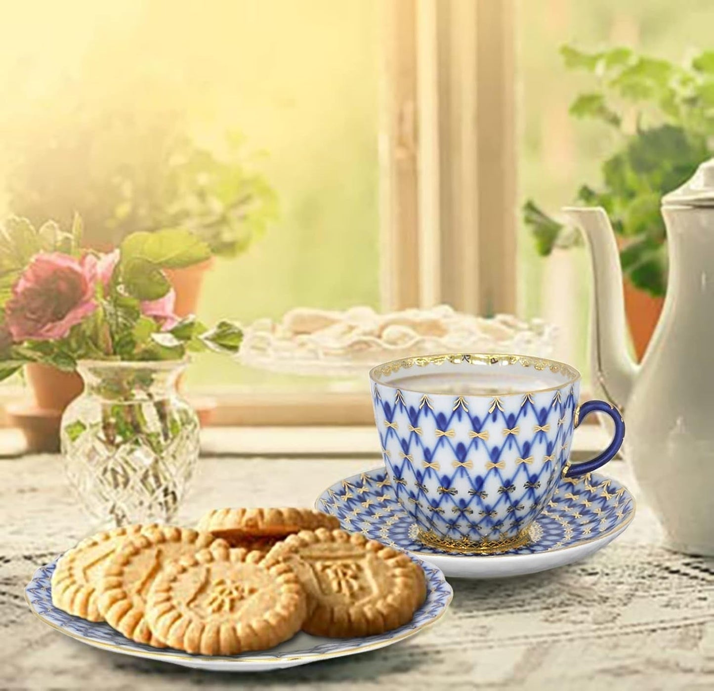 Lomonosov Porcelain Cobalt Net Coffee Cup and Saucer 3Pc.