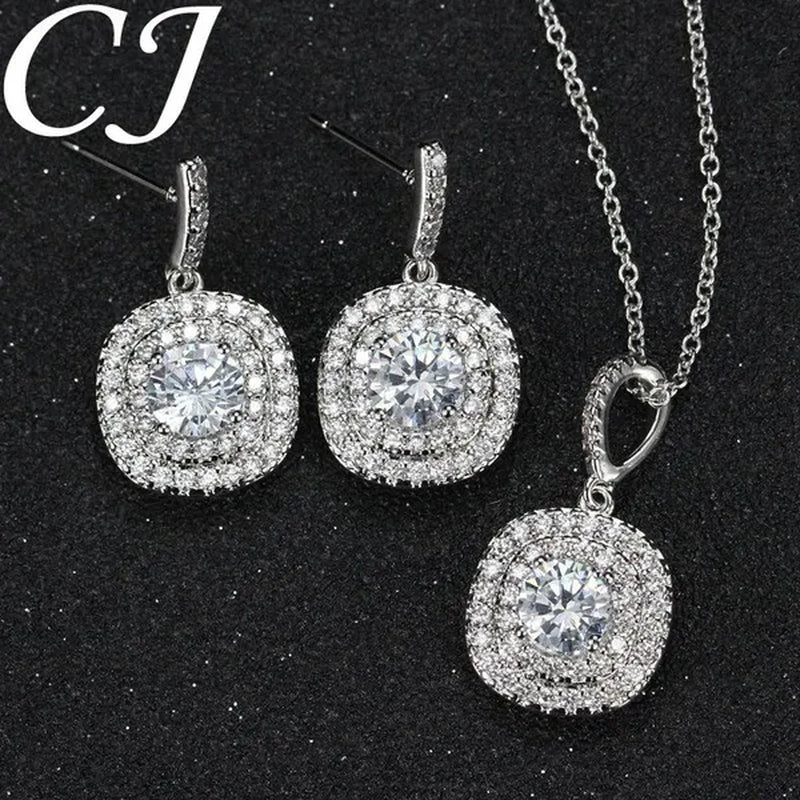 CANDICE 1 Set White Gold Plated Jewelry Set Full Clear CZ Crystal Pendant Necklace Earrings Sets with YELLOW Zirconia Stone