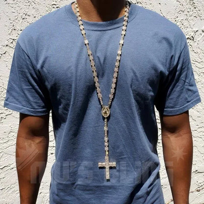 Men's 14k Gold CZ Iced Simulated Diamonds ROSARY SQUARE Jesus Cross Pendant 30" Chain Necklace