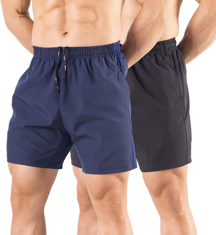 Men'S 5" Running Shorts 2 Pack Quick Dry Athletic Workout Gym Shorts with Zipper Pockets - WORLD TIME VISITS