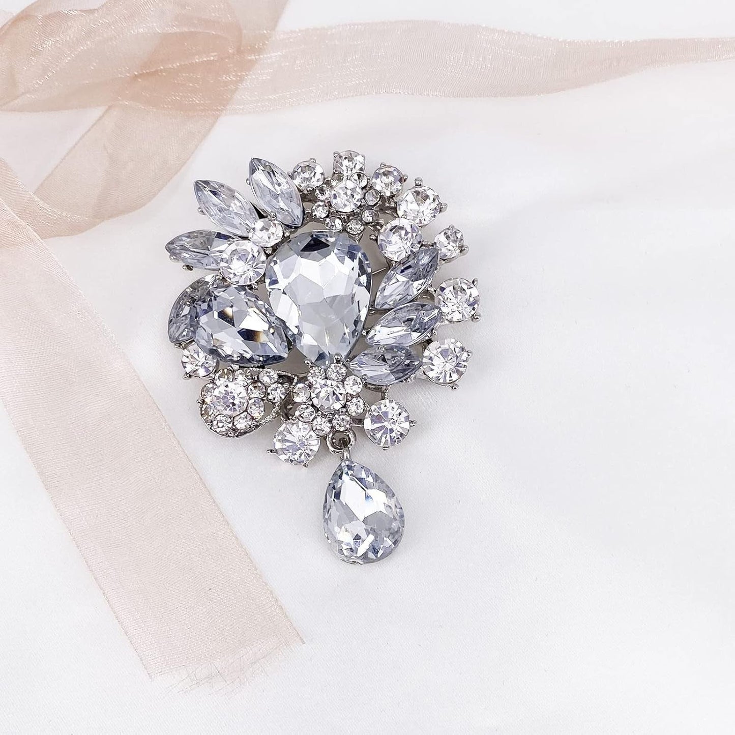 Vintage Wedding Bridal Big Blue Crystal Rhinestone Tear Drop Brooch Pin for Women