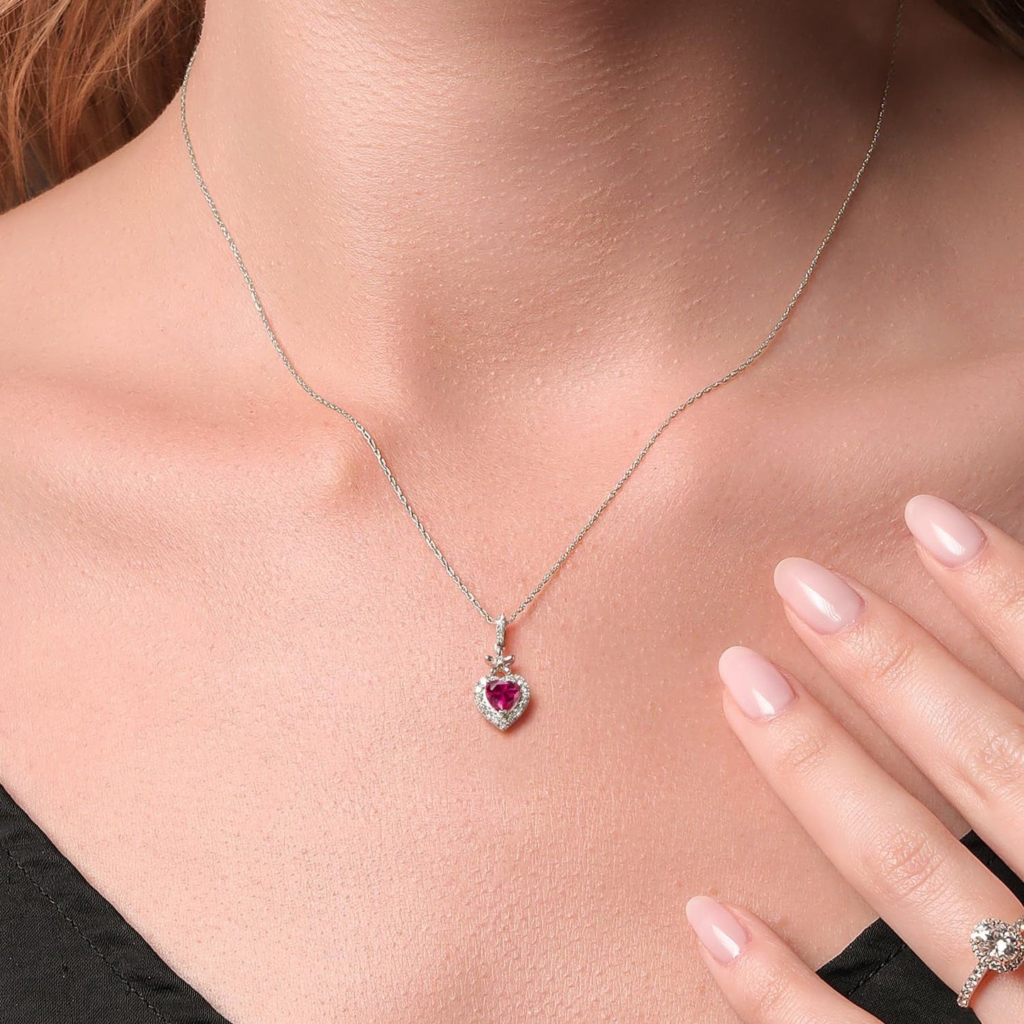 10K White Gold Red Created Ruby and White Lab Grown Diamond Pendant Necklace for Women (0.71 Cttw, Heart Shape 5MM, with 18 Inch Chain)