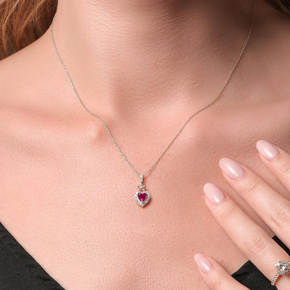 10K White Gold Red Created Ruby and White Lab Grown Diamond Pendant Necklace for Women (0.71 Cttw, Heart Shape 5MM, with 18 Inch Chain)