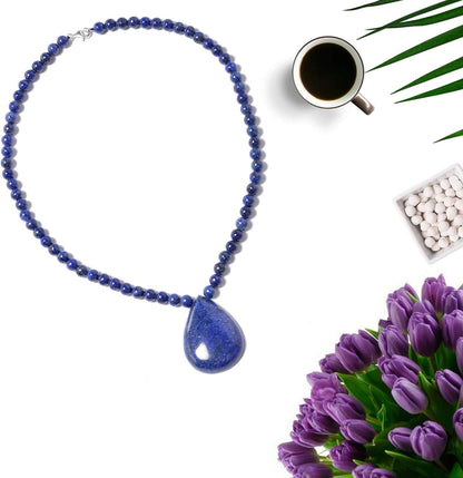 Lapis Lazuli Necklace in 925 Sterling Silver - Lapis Lazuli Teardrop Pendant Beaded Necklace - 18" Necklace Length Costume Jewelry for Women Birthday Gifts for Women